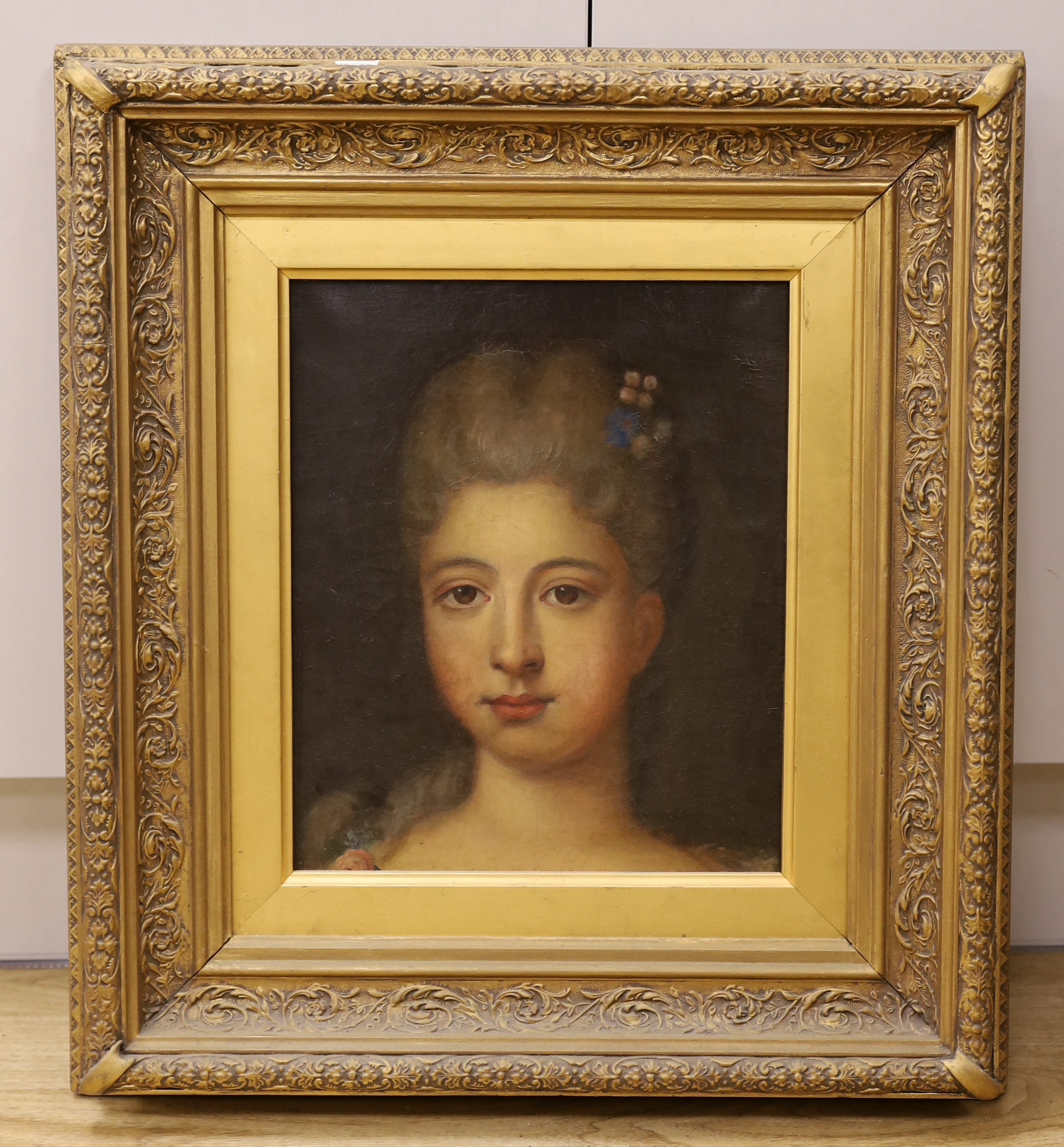 19th century French School, oil on canvas, Portrait of a young lady, canvas makers stamp verso, 33 x 27cm